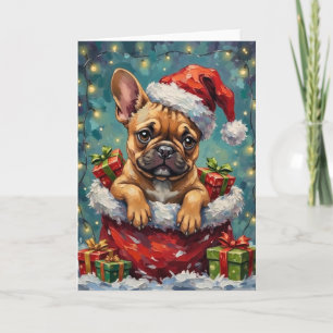 Cartão Aventura de Natal do Bulldog Francês na Bolsa do P