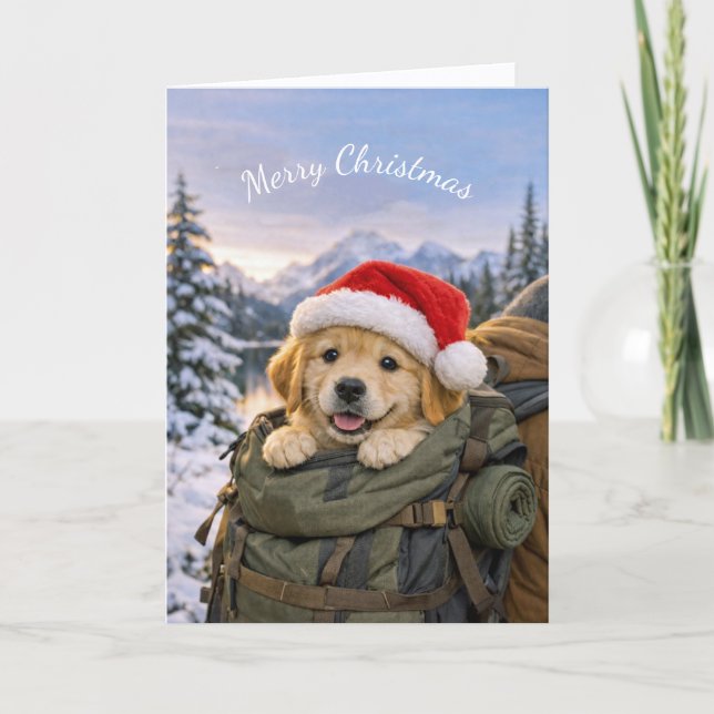 Cartão Aventura do Cachorrinho de Natal na Mochila (Frente)
