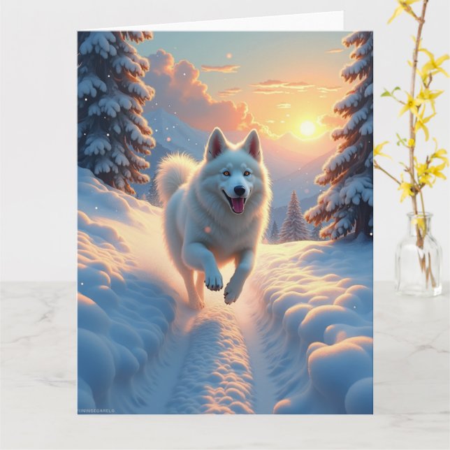 Cartão Aventura Natalina Samoyed na Montanha Nevada (Flor Amarela)