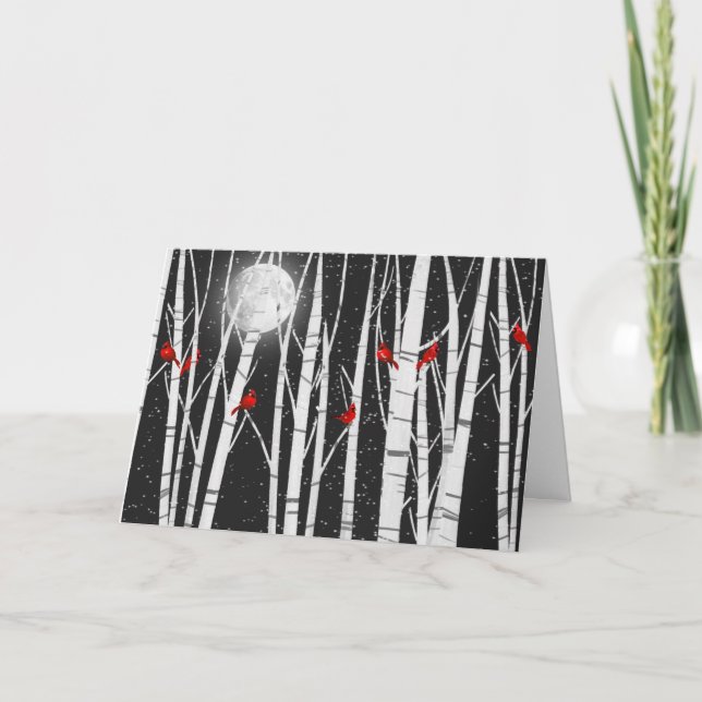 Cartão Aves Cardinais de Natal em Árvores de Aves (Frente)