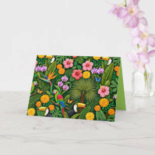 Cartão Aves Coloridas da Selva Flores Tropicais Alegres