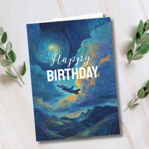 Cartão Avião de Caça de Aniversário Nuvens Van Gogh