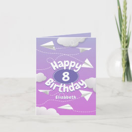 Cartão avião de papel voador aniversário roxo, rosado e g