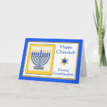 Cartão Avó Chanukah Contemporânea Menorah<br><div class="desc">Feliz Chanukah,  querida neta,  menorah contemporânea com velas azuis,  cartão de cumprimentos em papel. Ilustração digital com um menorah aceso e uma Estrela de David. Arte,  imagem e direitos de autor versos © Shoaff Ballanger Studios,  2024.</div>