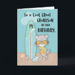 Cartão Avô de 14 anos, Excelente, Birthday Beach Funny Ra<br><div class="desc">Faça com que este cartão surpreenda seu neto excelente legal quando a celebração do seu aniversário de 14 finalmente chegar. Este cartão é perfeito para jovens caras como ele que amam passar um tempo na praia durante o verão. Ele encontrará seu novo companheiro de guaxinim legal no cobrir também.</div>
