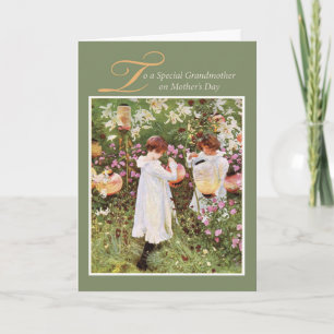 Cartão Avó, Dia de as mães, Meninas no Jardim Flor,