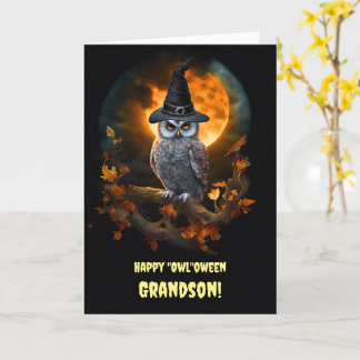 Cartão Avô Feliz Halloween com Owl e Warlock Hat