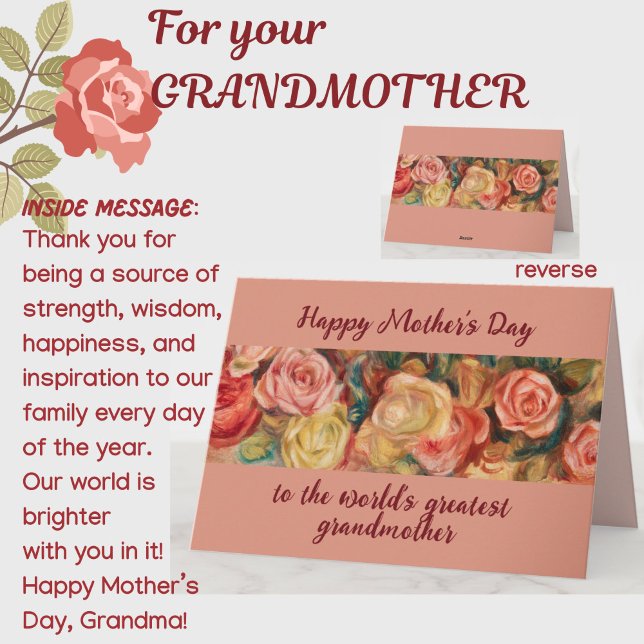 Cartão "Avó Mais Querida" Dia das Mães Rosas Florais (A beautiful floral roses Mother's Day card for your special grandmother! All text customizable.)