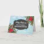 Cartão Avô Russo Chalkboard Feliz Natal<br><div class="desc">Feliz Natal para a placa da neta com padrão rústico de quadro de chalkboard e folhagem de inverno com poinsettias.</div>