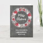 Cartão Avô Russo Chalkboard Feliz Natal<br><div class="desc">Feliz Natal para o cartão de neto com padrão rústico de prato de chalkboard e coroa de neve com poinsetos.</div>