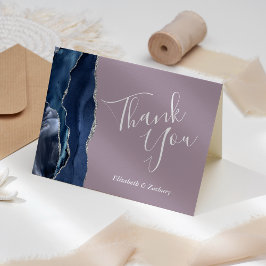 Cartão Azul Agata Prata Glitter Rosa Casamento Obrigado