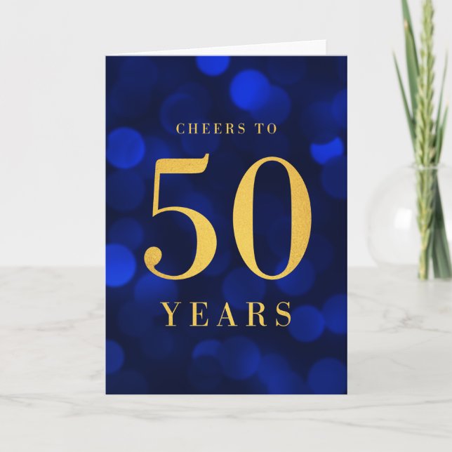 Cartão Azul Bokeh Dourado Saúde aos 50 anos de aniversári (Frente)