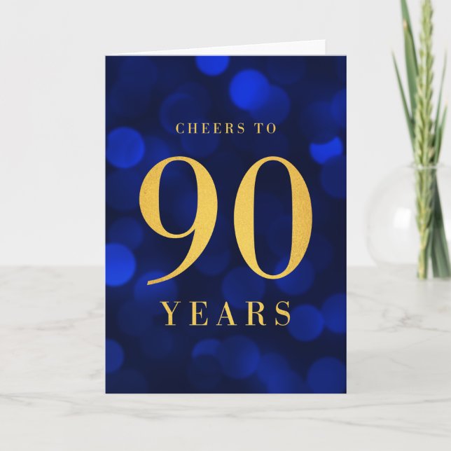 Cartão Azul Bokeh Dourado Saúde aos 90 anos de aniversári (Frente)