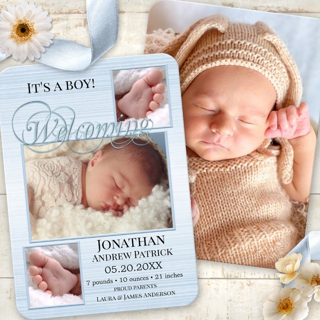 Cartão Azul Burlap Baby Birth (Elegant birth announcement card featuring custom photos on pastel blue burlap)