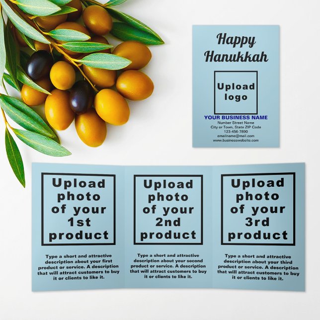 Cartão Azul Claro Azul de Hanukkah para Empresas (Hanukkah greeting, business brand and products on light blue trifold card)