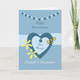Cartão Azul de aniversário de casamento com bunting e co
