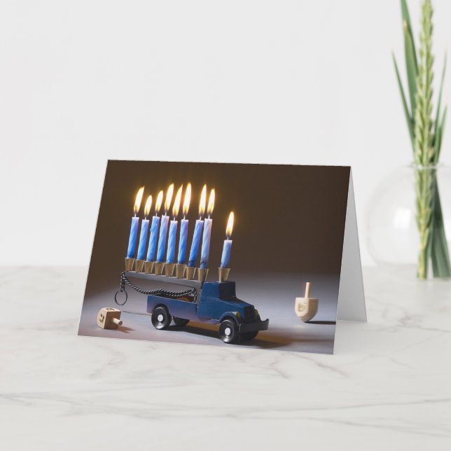 Cartão Azul de Caminhão Menorah Chanukah (Frente)