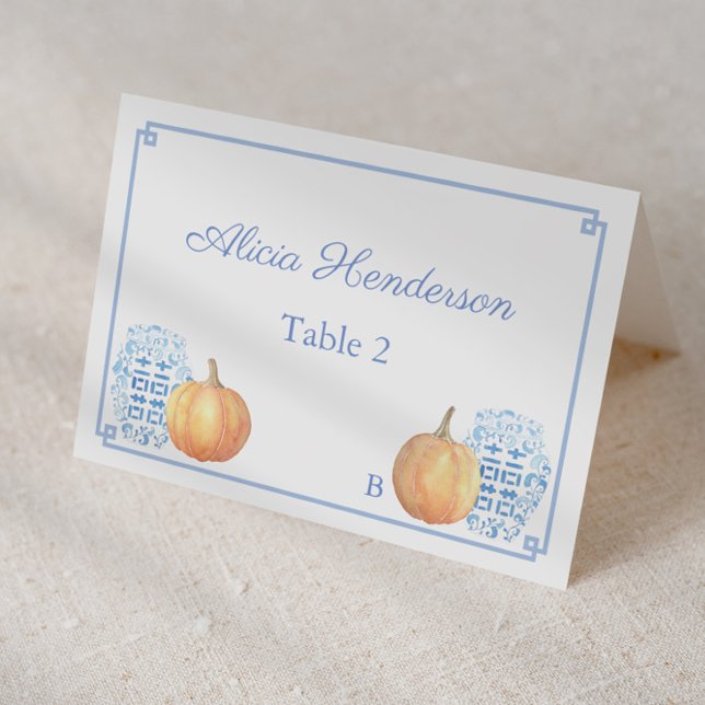 Cartão Azul De Casamento Branco De Abóbora Elegant (Individual place card design featuring watercolor orange pumpkins and preppy ginger jars & greek key)