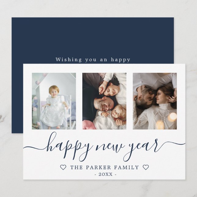 Cartão Azul de Colagem de Fotografias do feliz ano (Frente/Verso)