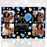 Cartão Azul de Foto Personalizada de Aniversário de Qualq<br><div class="desc">Crie um cartão de saudação de colagem de na moda! Personalize o modelo com quatro fotos favoritas, o nome do receptor e a idade de aniversário. Uma design divertida com confete redondo, balões e "Parabéns" em um roteiro de tendências. Perfeito para família, crianças, amigos e animais de estimação! Cores impressas:...</div>
