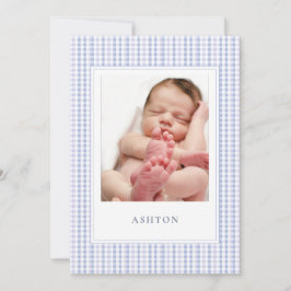 Cartão Azul de Nascimento do Bebê Gingham