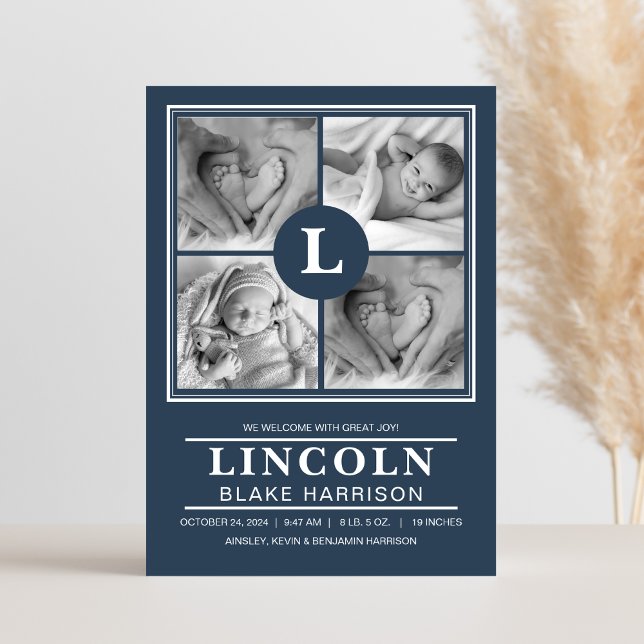 Cartão Azul de Nascimento do Bebê Monograma (Criador carregado)