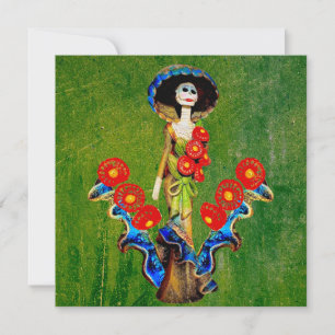 Cartão Azul Dourado Antigo Boho Lavado Sobre Verde Catrin