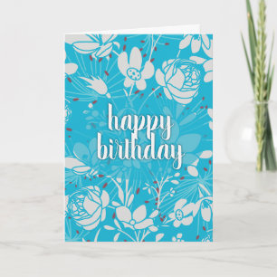 Cartão Azul e Branco Floral Aniversário