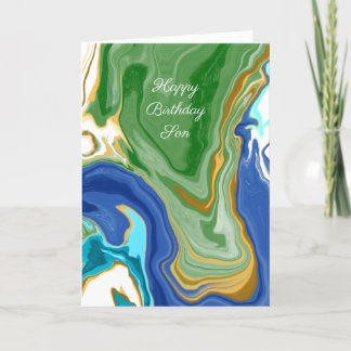 Cartão Azul e Verde Marble Personalizado Aniversário