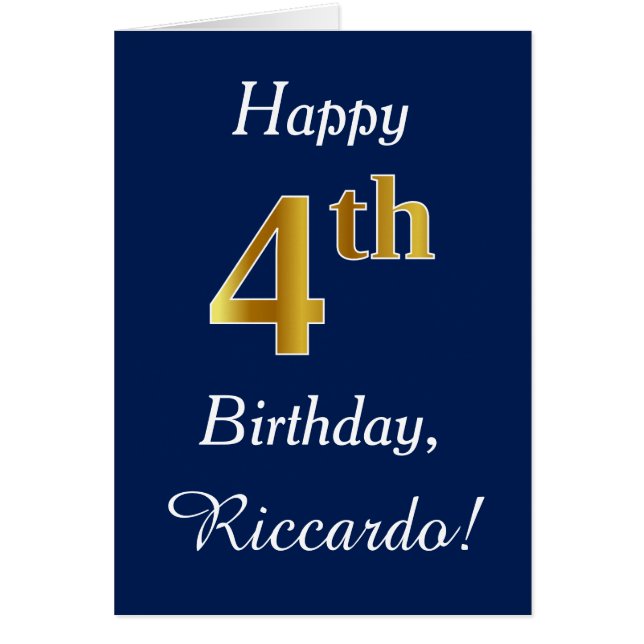 Cartão Azul, Faux Dourado 4.º Aniversário + Nome Personal (Frente)
