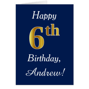 Cartão Azul, Faux Dourado 6 Aniversário + Nome Personaliz