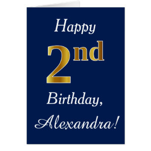 Cartão Azul, Faux Dourado segundo aniversário + Nome Pers