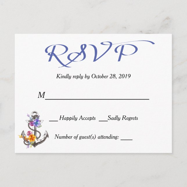Cartão Azul Floral Azul de Âncora RSVP Marítimo (Frente)