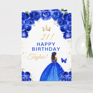 Cartão Azul Floral Menina de Pele Morena Feliz Aniversári