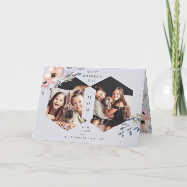 Cartão Azul Geométrico Floral | Dia de as mães de fotos (Frente)