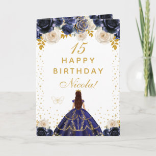 Cartão Azul Marinho Floral Princesa Feliz Aniversário