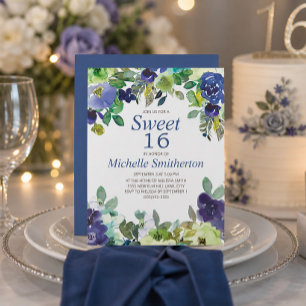 Cartão Azul Marinho Verde Salvia Floral Doce 16 Aniversár
