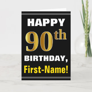 Cartão Azul, Preto, Faux Dourado 90 Aniversário com Cartã