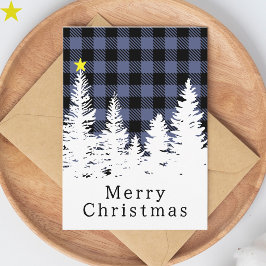 Cartão Azul Rústico Plaid Búfalo Floresta Feliz Natal