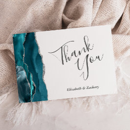Cartão Azul Teal Prata Ágata Casamento Flat Obrigado