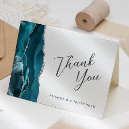 Cartão Azul Teal Prata Ágata Script Casamento Agradecimen