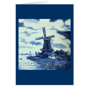 Cartão Azulejo azul antigo de Delft do vintage - moinho