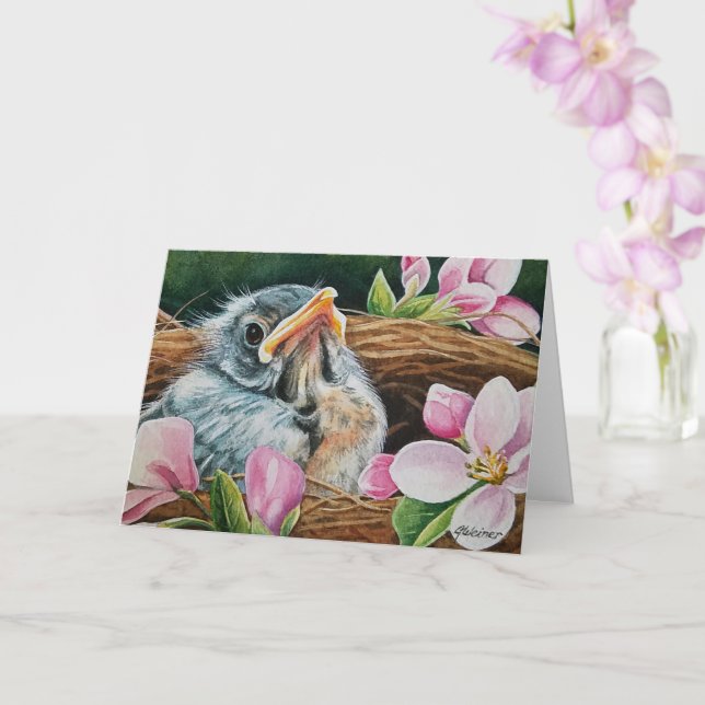 Cartão Baby American Robin Bird em Nest Watercolor Art (Orquídea)