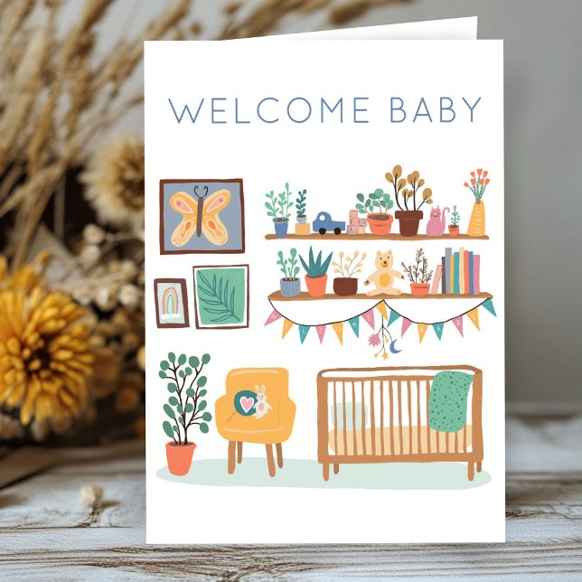 Cartão BABY BABY Bonito Enfermeiro Sexo Neutro Parabéns (WELCOME BABY Cute Nursery Gender Neutral Congratulations Card
)