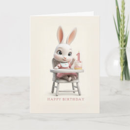 Cartão Baby Bunny Girl in High Chair 1st Birthday Cake
