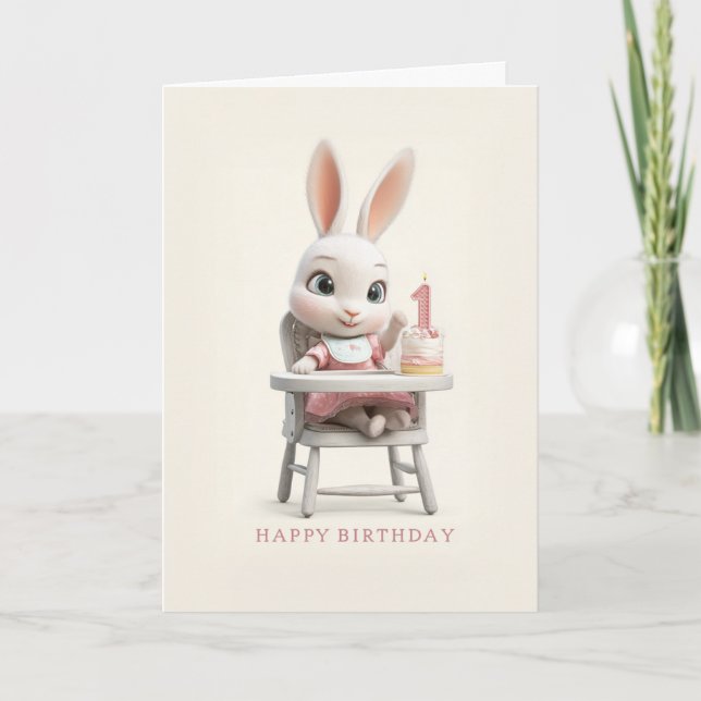 Cartão Baby Bunny Girl in High Chair 1st Birthday Cake (Frente)
