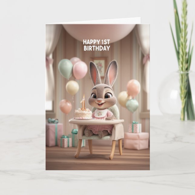 Cartão Baby Bunny in High Chair w/ Balloons 1st Birthday (Frente)