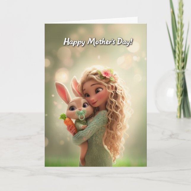 Cartão Baby Bunny w/ Carrot & Mommy Happy Mother's Day (Frente)