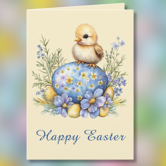 Cartão Baby Chick Happy Easter Egg Blue Yellow Flowers (Criador carregado)