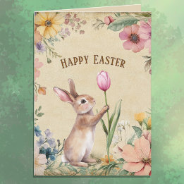 Cartão Baby Easter Bunny with Pink Tulip Vintage Floral 